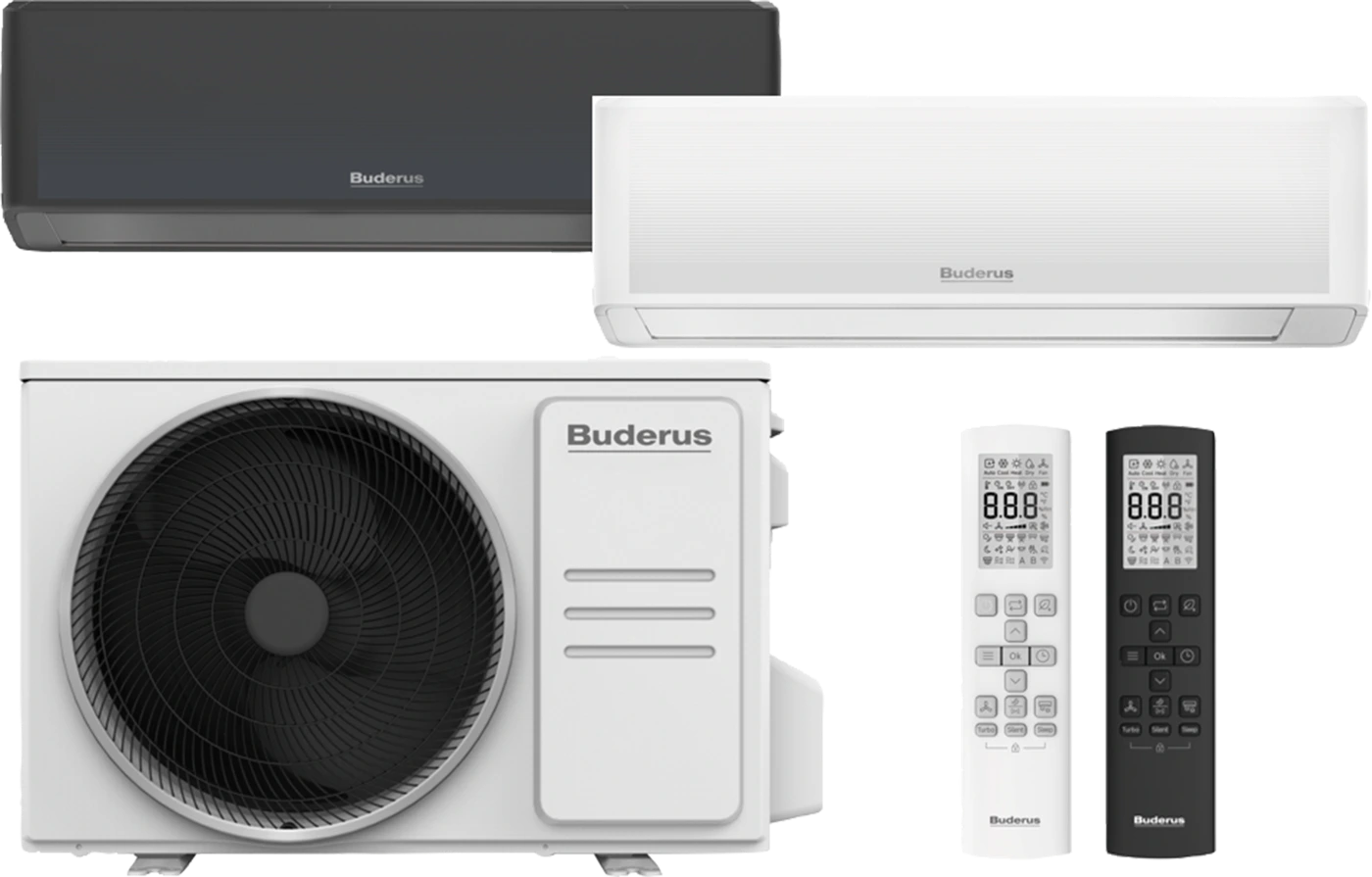 Climatizzatore Buderus Logacool AC186i.3 con unità interne bianca e nera e unità esterna