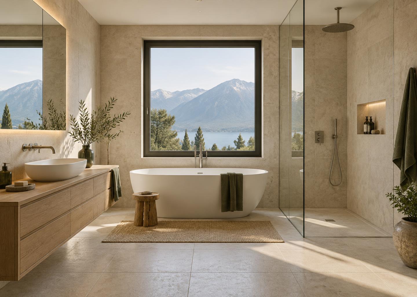 Ispirazione bagno con vasca, doccia e finiture naturali